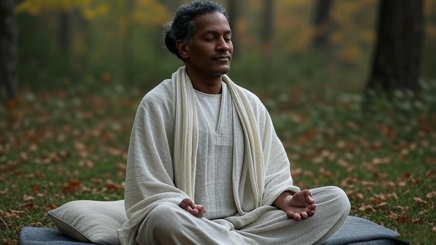 Person meditating outdoors in layered meditation clothing, showcasing seasonal adaptability.