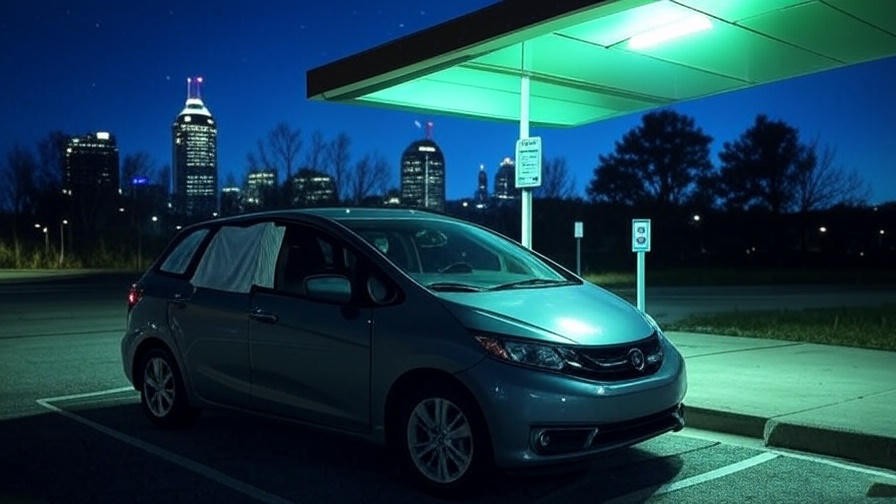 Nighttime view of a car parked legally at an Indianapolis rest stop with skyline in background.