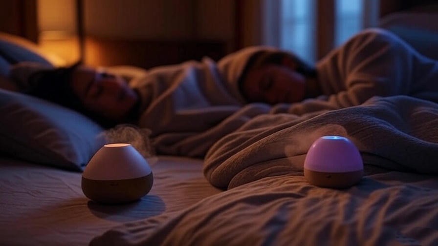 Tranquil bedroom with lavender diffuser and peaceful sleeper for New Year sleep sanctuary.
