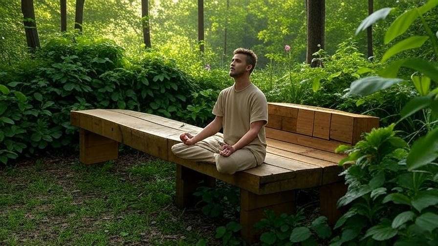 Person meditating on Earth & Soul eco meditation bench in a lush green outdoor setting
