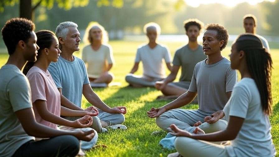 Diverse group meditating outdoors in a peaceful park with sunlight and trees
