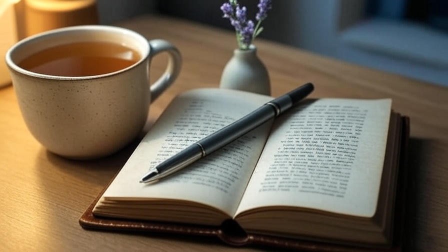 Open journal with pen and chamomile tea for Sunday happy hour dream journaling