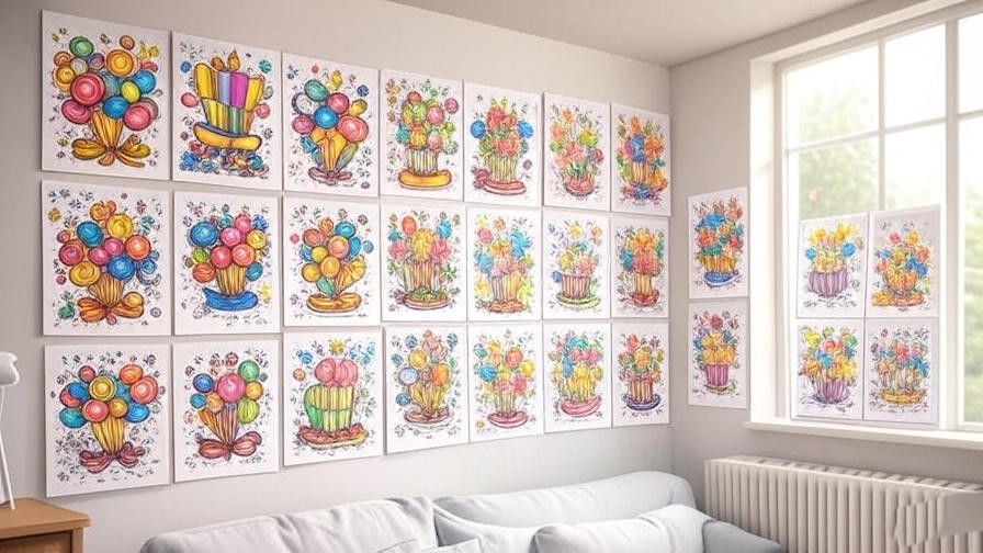 Display of completed happy birthday coloring pages on a modern wall.