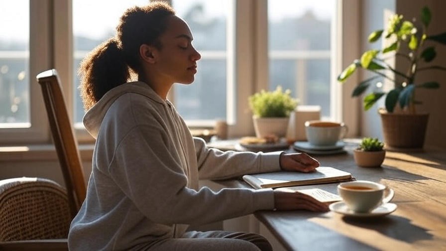Person journaling and meditating in a calm morning setting with tea and plant.