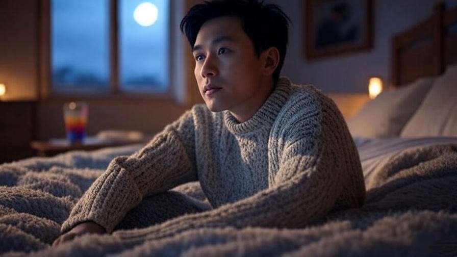 Person with cozy sweater and colorful Huberman Sleep Cocktail drink by moonlit window.