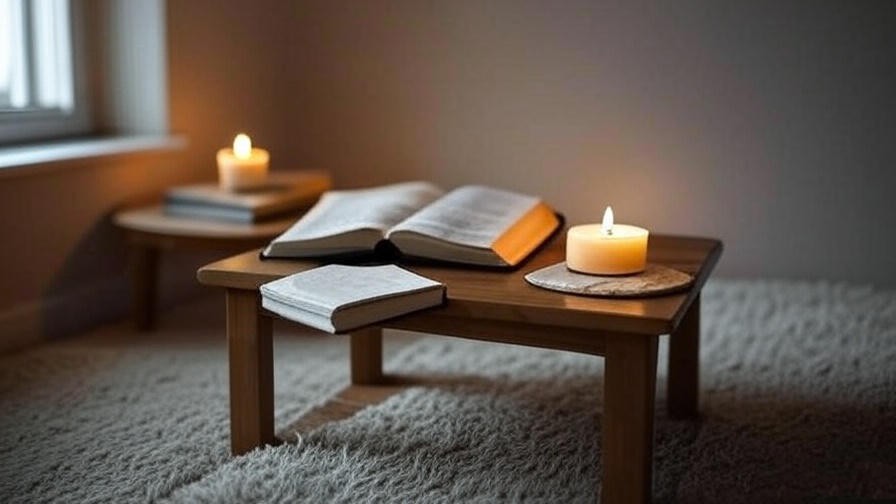 Cozy meditation corner with candle, Bible, and journal for Regnum Christi daily meditation practice