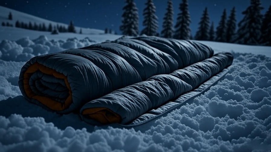 Close-up of a cold weather sleeping bag with insulation baffles on snowy ground