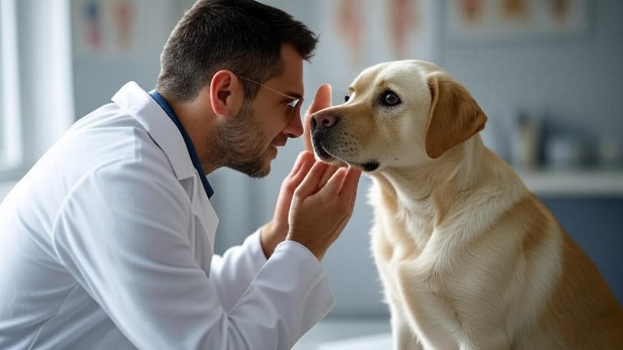 Veterinarian examining a dog’s eyes in a clean clinic environment.