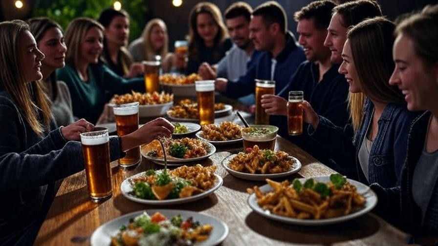 Yardhouse happy hour appetizers and craft beers on a communal table in a cozy setting