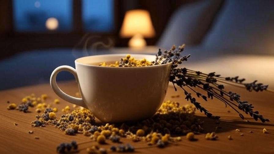 Cozy melatonin tea cup with chamomile and lavender on a wooden table at night