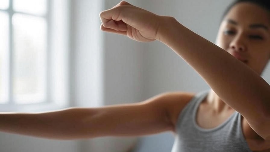 Person performing wrist flexor stretch exercise for carpal tunnel relief in a bright room.