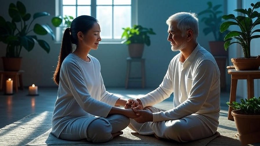 Meditation teacher guiding student in a serene indoor session with candles and plants.