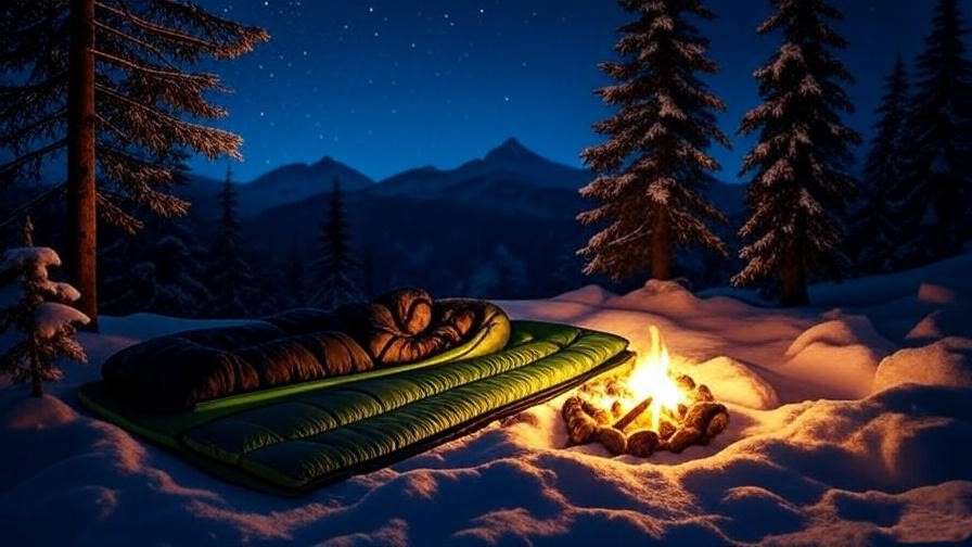Person sleeping in a zero degree sleeping bag by campfire in snowy forest under starry sky