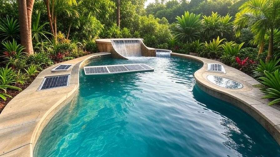 Eco-friendly meditation pool with cascading water and solar panels