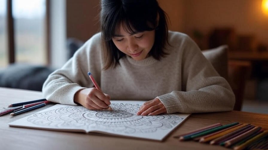 Person coloring mandala in mindfulness book with pencils