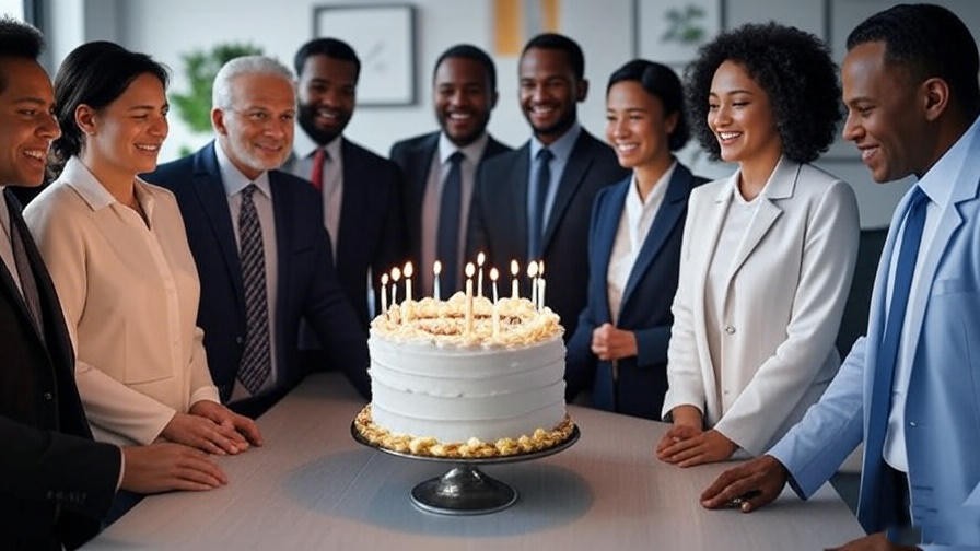 Close-up of a birthday cake with candles on an office table, surrounded by smiling coworkers in professional attire.
