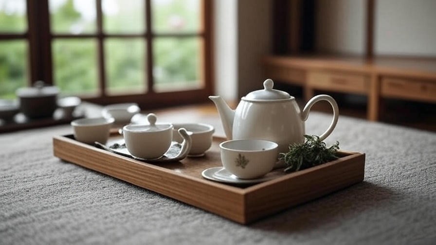 Herbal tea gift set with teapot on tray and greenery view
