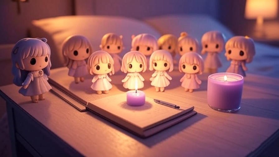 Bang Dream chibi figures on nightstand with lavender candle and journal for sleep ritual.