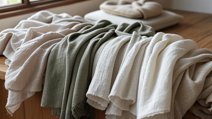 Close-up of organic cotton, bamboo, and linen fabrics for meditation clothing, highlighting breathability and sustainability.