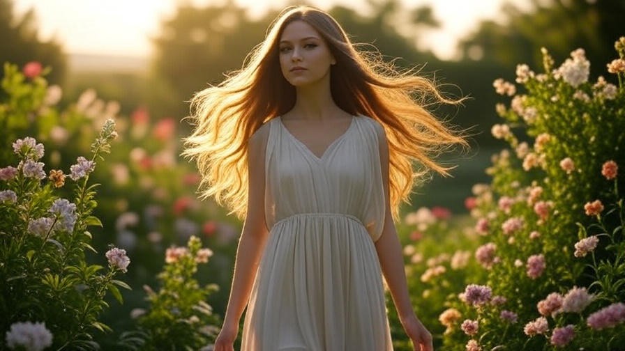 Ethereal figure in a lush garden symbolizing dream archetypes and subconscious inspiration.
