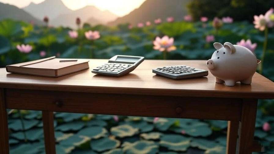 Desk with budgeting tools and a serene meditation backdrop