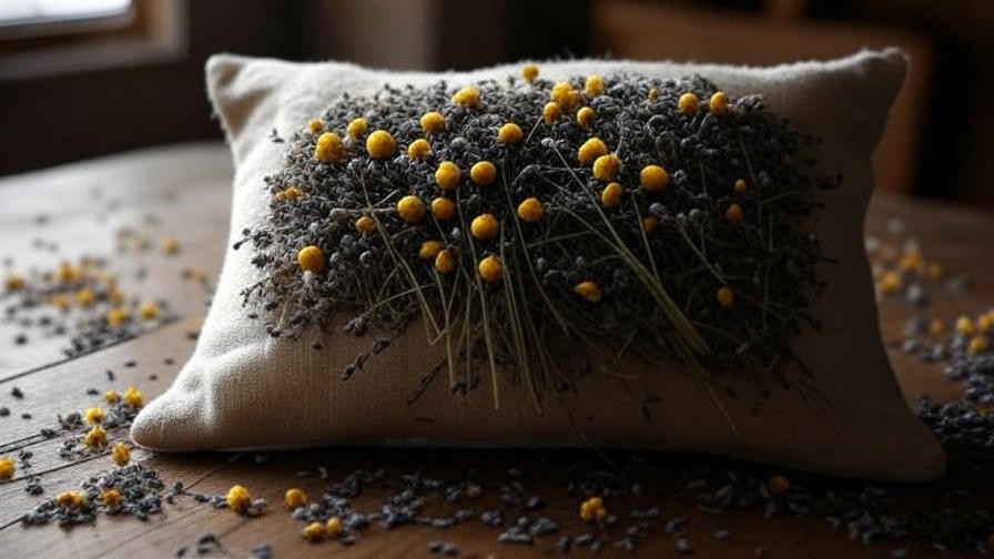 Hand-sewn dream pillow with lavender and chamomile on a rustic table