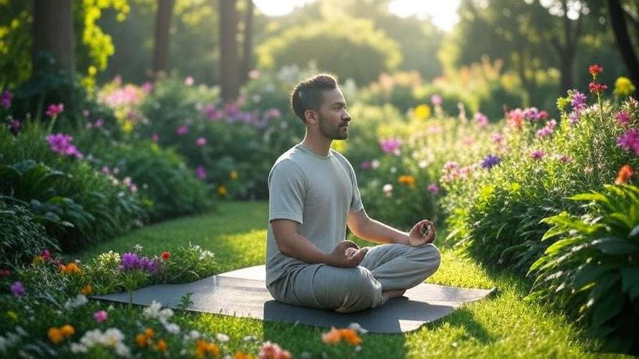 Person meditating in a peaceful garden with flowers