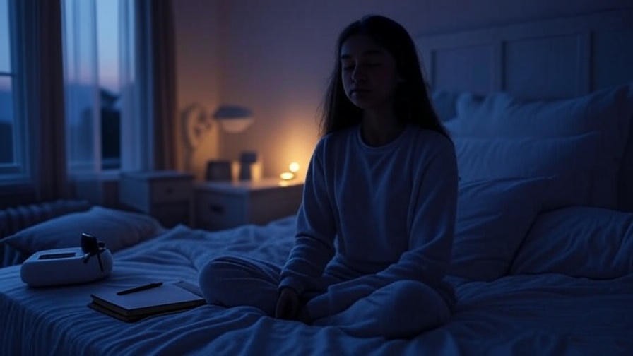 Teen meditating in a serene bedroom with dream journal and white noise machine for sleep environment
