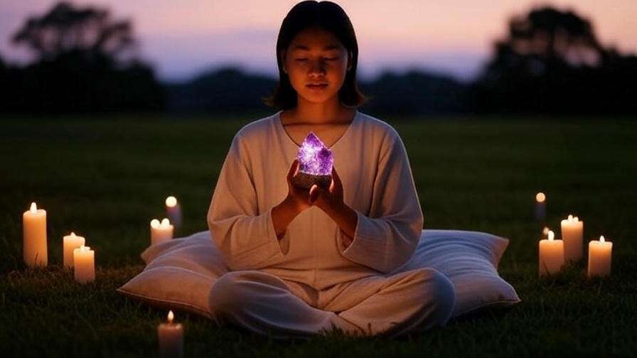 Person meditating with glowing amethyst crystal, surrounded by candles on a grassy field at dusk. 