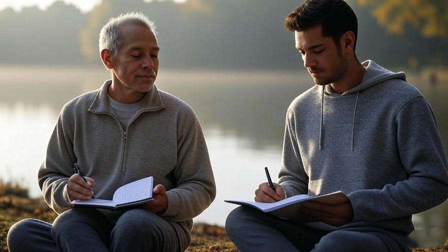 Father and son journaling by a lake after meditation, tracking progress in father son phallic meditation.