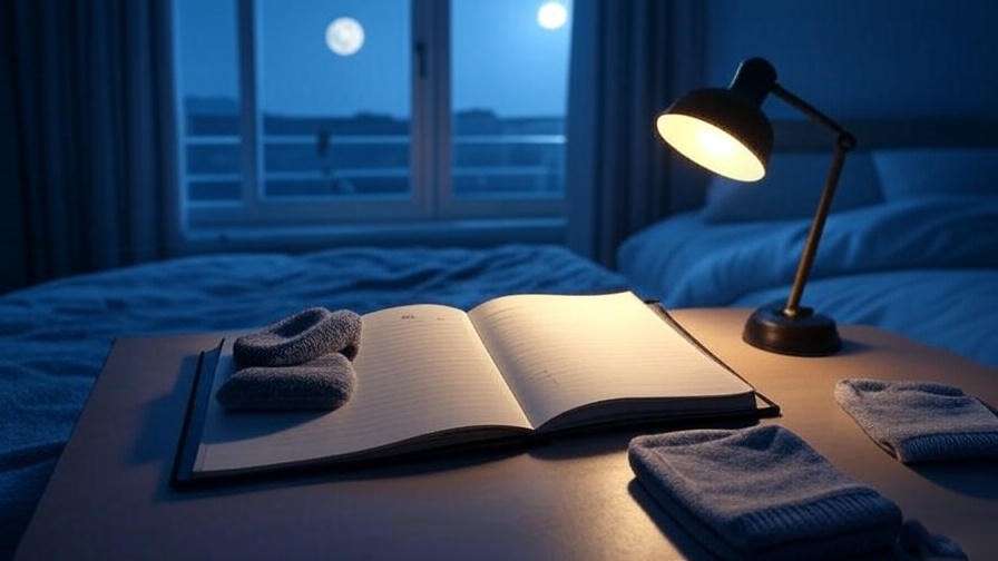 Notebook with sleep tips and folded sleep socks on a cozy desk.