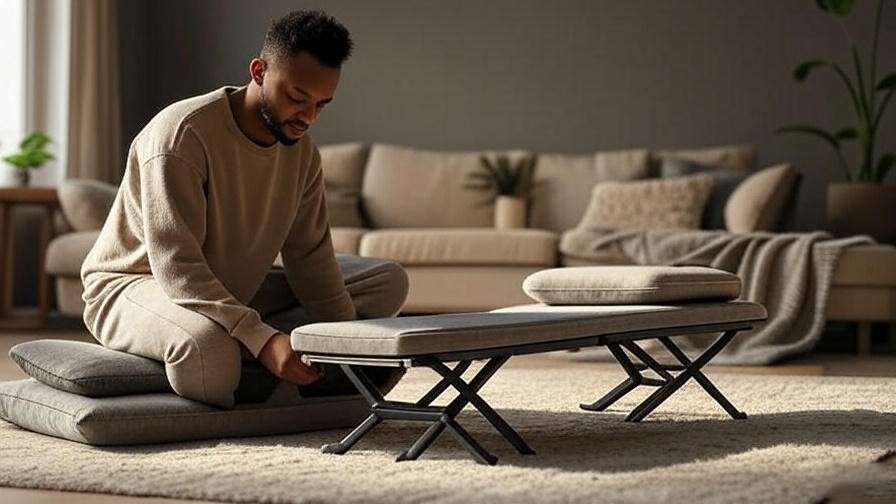 Person setting up Mindful & Modern folding meditation bench in a cozy living room