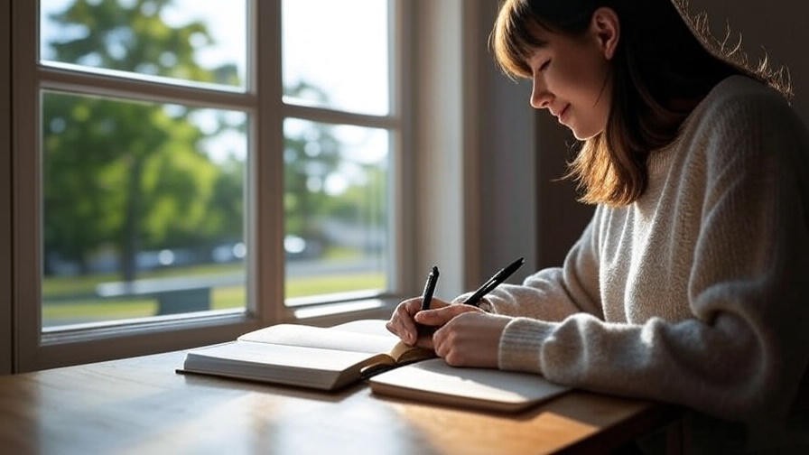 Person journaling by window for gratitude in Regnum Christi daily meditation practice