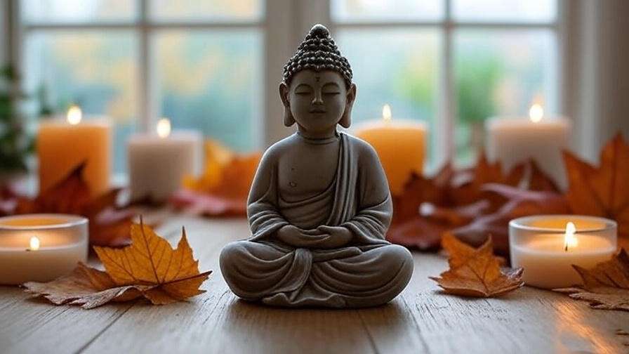 Seasonal meditation space with meditating Buddha figurine and autumn leaves.