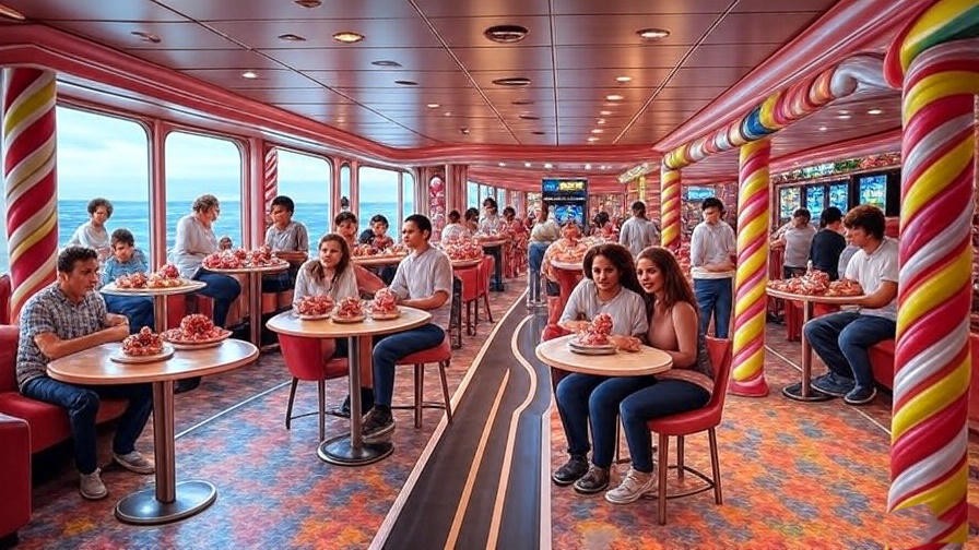 Vibrant interior of Vanellope’s Sweets & Treats on Disney Dream Cruise with colorful decorations and guests enjoying desserts.