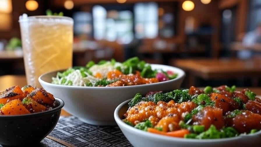 Healthy Yardhouse happy hour options like ahi poke bowl and grilled veggies