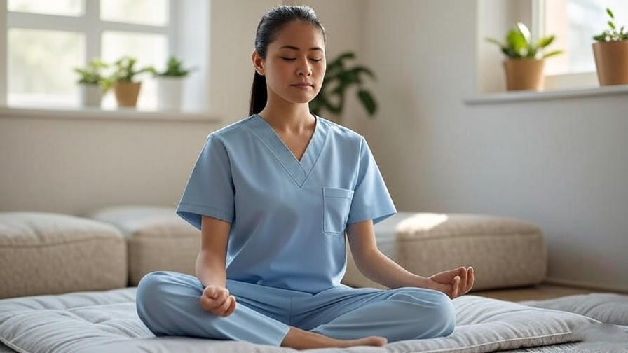 Nurse meditating in a calm room with natural light and plants for sleep strategies