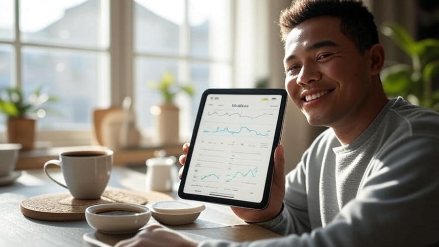 Person reviewing Medit Scanner app data on tablet in morning light