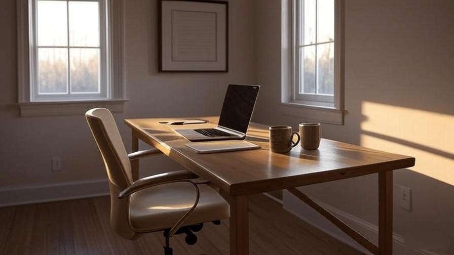 Minimalist home office with laptop and notepad at early morning light.