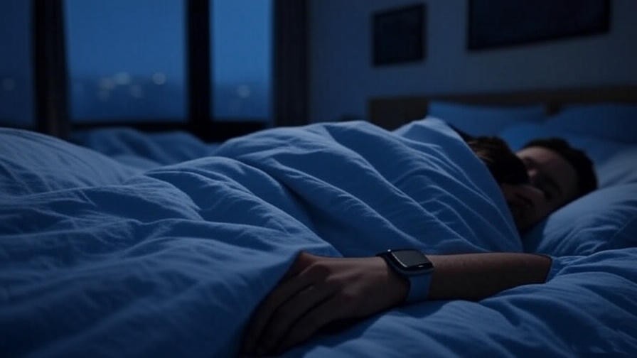 Person using a smartwatch for sleep tracking in a calm bedroom