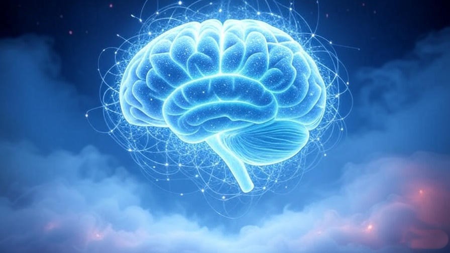 Glowing brain in a dreamscape representing lucid dreaming's impact on mental health