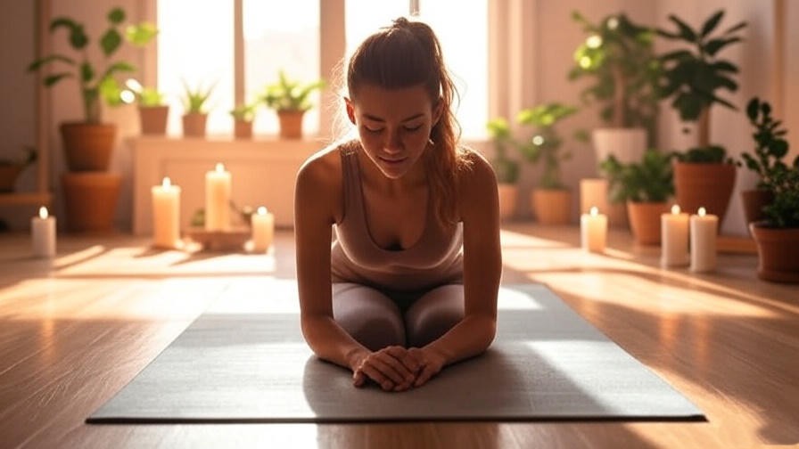 Person in Child’s Pose yoga with plants and candles for holistic meditation.