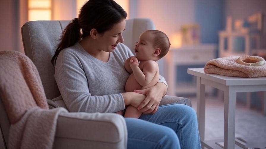 Parent soothing baby with gentle gum massage in a cozy nursery