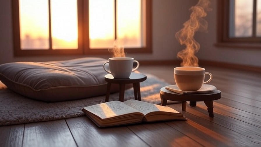Cozy morning meditation setup with cushion, journal, and sunrise view.