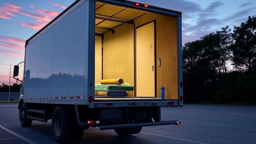 Box truck sleeper with yoga mat and bed at truck stop.