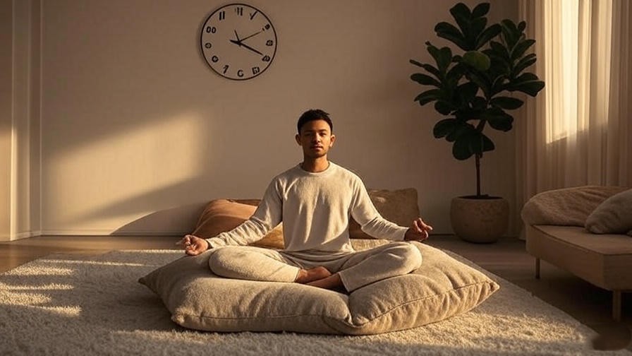 Busy person meditating for 5 minutes in a minimalist living room for evening relaxation.