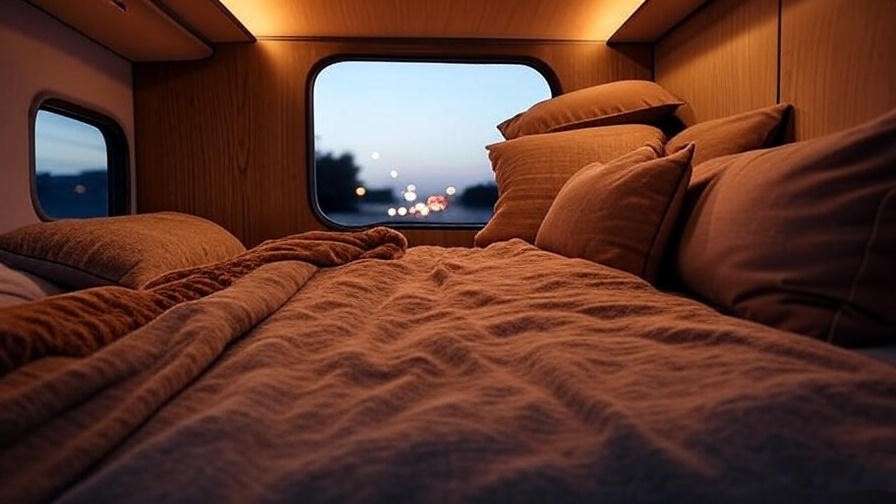 Cozy sleeper compartment in a box truck with bed and meditation nook, highway backdrop.