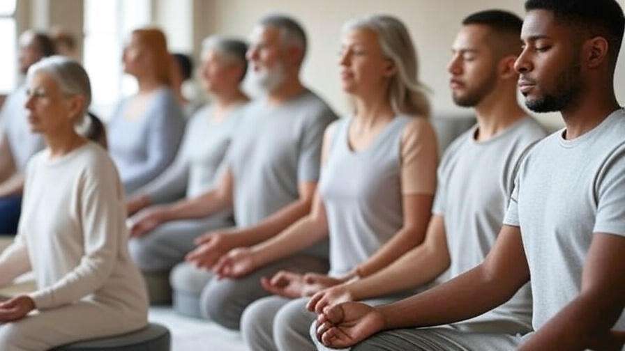 Diverse people using meditation stools in a peaceful room