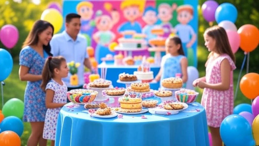 Colorful kids’ birthday party with playful happy birthday sign, balloons, and laughing children.