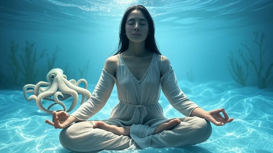 Woman meditating underwater with an octopus, promoting relaxation and inner peace.